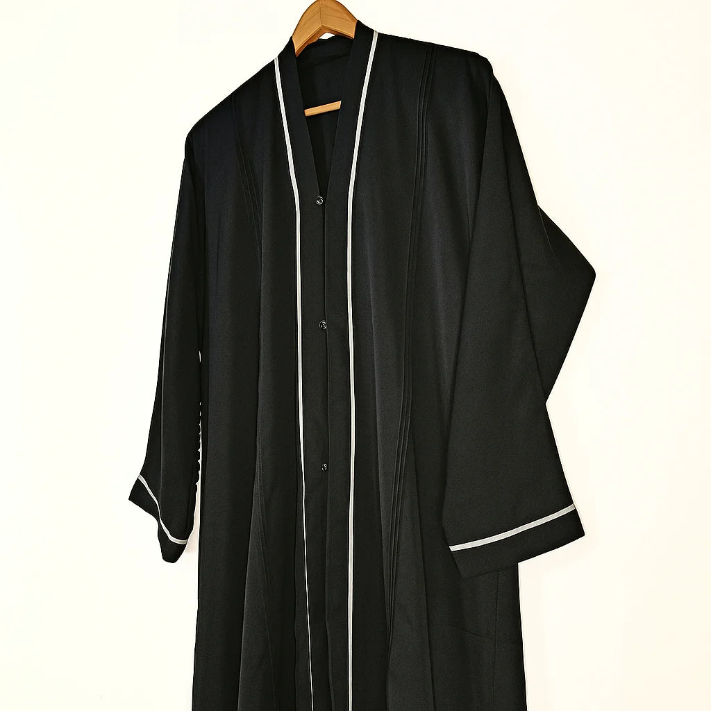 Black Front Open Abaya With White Lines