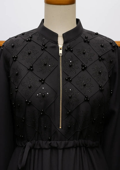 Beads And Stonework Nidha Abaya With Golden Zipper - Black