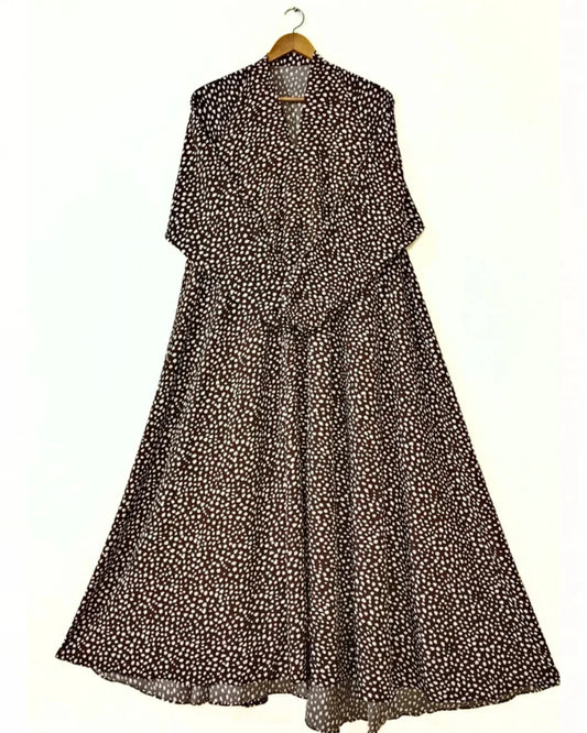Choco Dot Front Open Long Flaired Abaya
