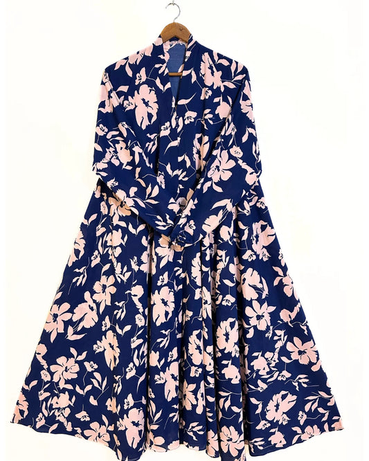 Navy Garden Front Open Long Flair Abaya