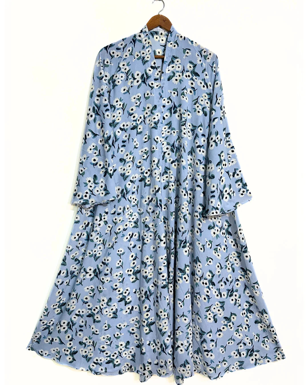 Blue Blossom Front Open Long Flair Abaya
