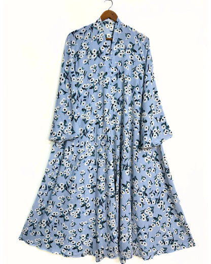 Blue Blossom Front Open Long Flair Abaya