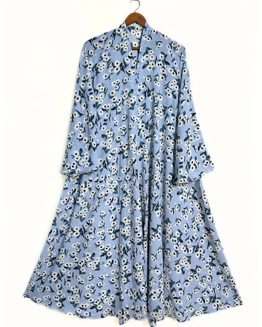 Blue Blossom Front Open Long Flair Abaya
