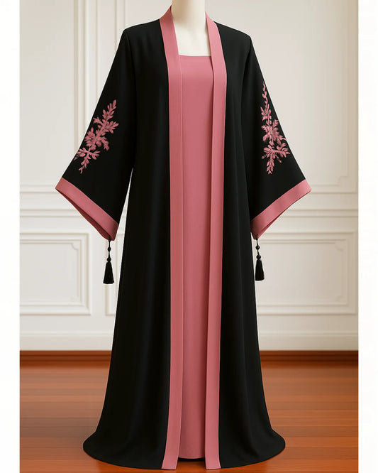 Embroidered Gown Abaya With Attached Inner-Pink