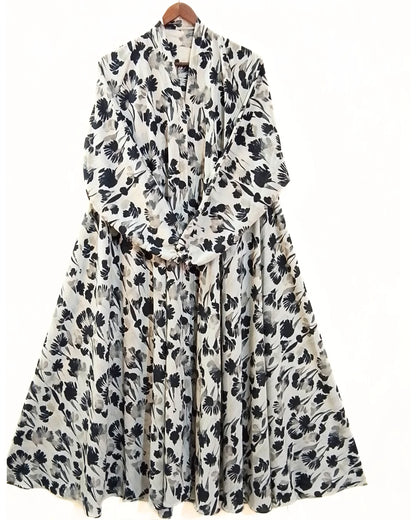 Inky Leaf Print Front Open Long Flared Abaya