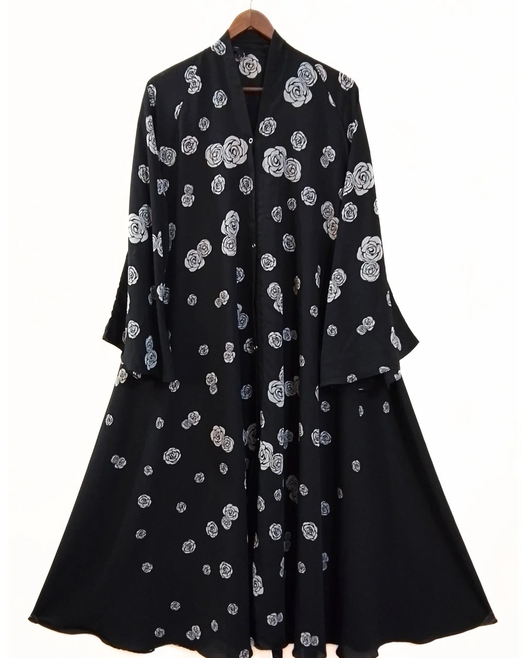 Black White Rose Front Open Long Flair Abaya