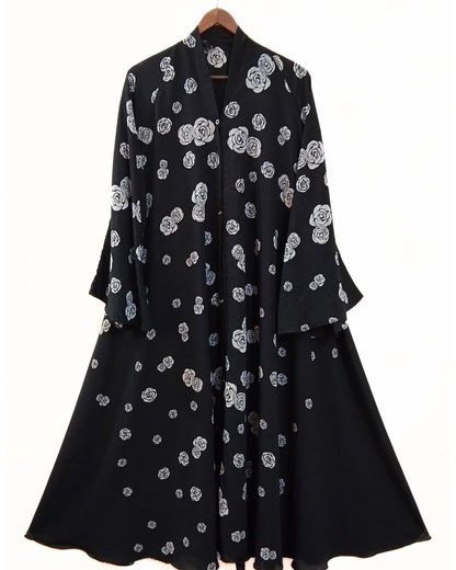 Black White Rose Front Open Long Flair Abaya