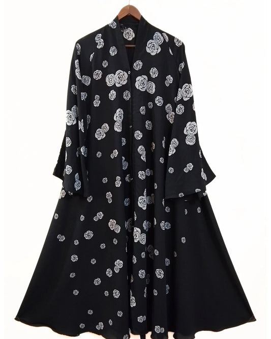 Black White Rose Front Open Long Flair Abaya