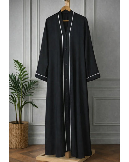 Black Front Open Abaya With White Lines