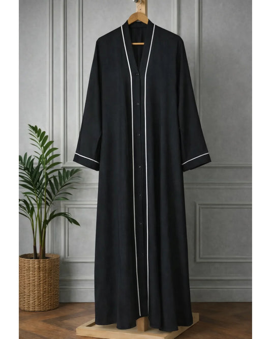 Black Front Open Abaya With White Lines