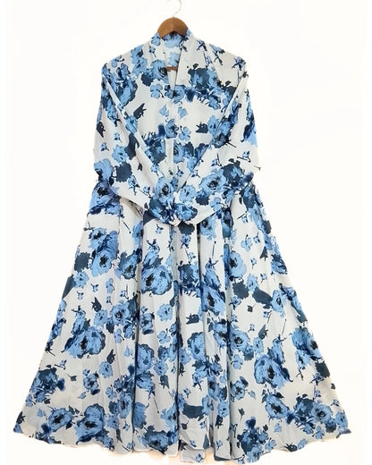 Blue Flora Front Open Long Flair Abaya