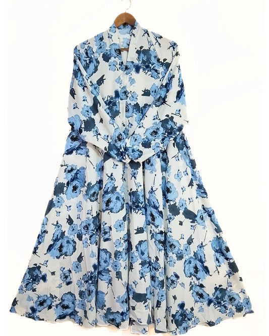Blue Flora Front Open Long Flair Abaya