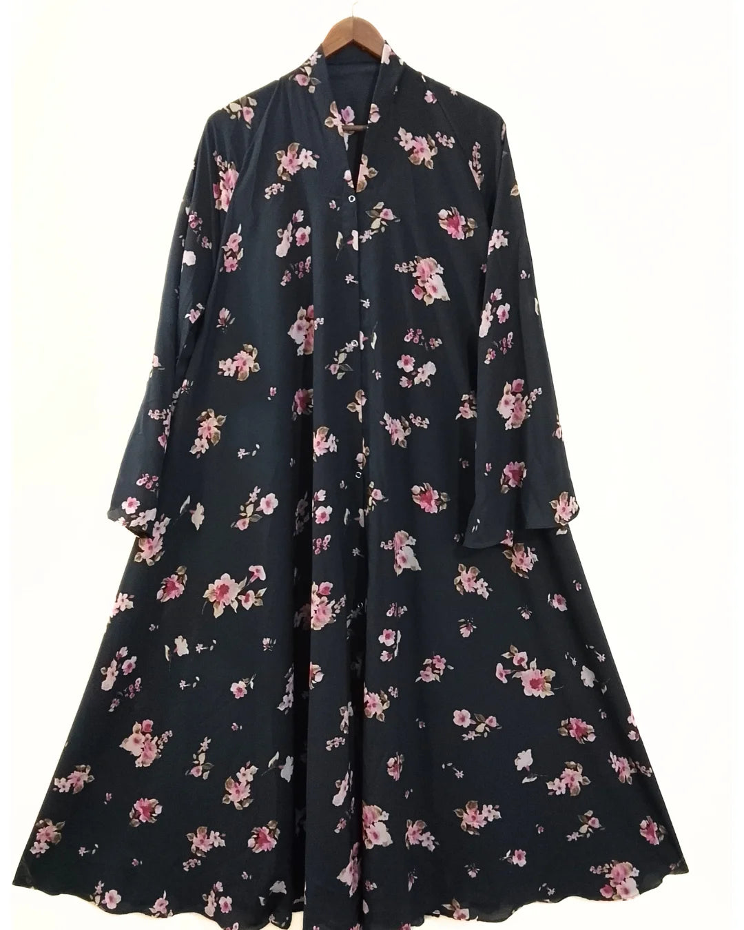 Black With Pink Flowers Front Open Long Flair Abaya