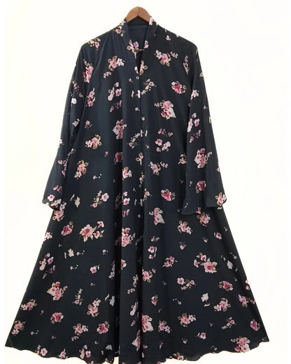 Black With Pink Flowers Front Open Long Flair Abaya