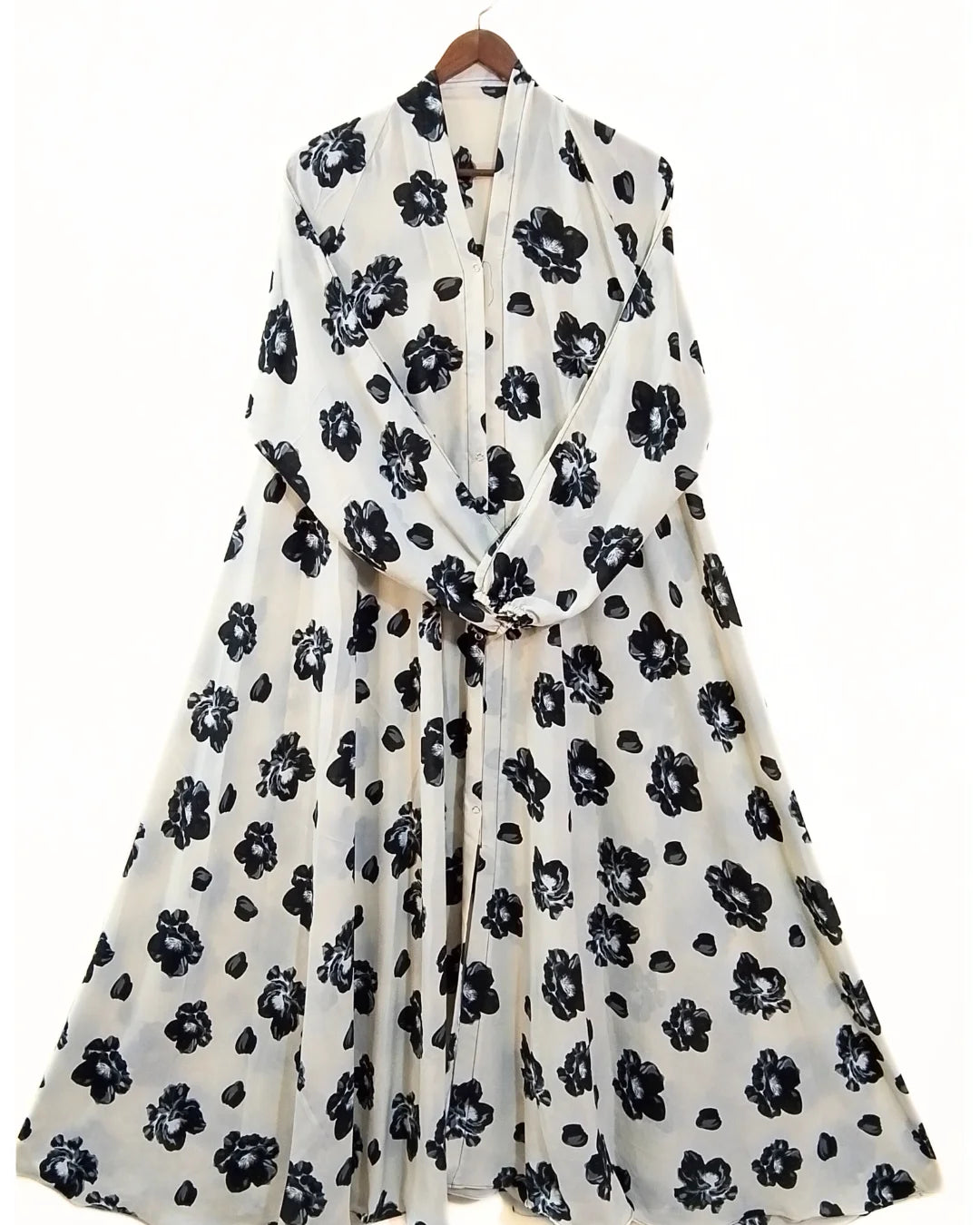 White With Black Flowers Front Open Long Flair Abaya