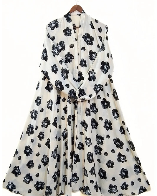 White With Black Flowers Front Open Long Flair Abaya