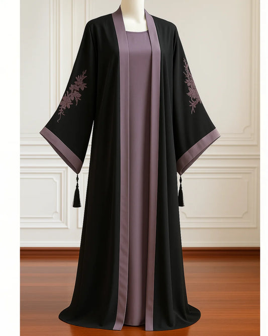 Embroidered Gown Abaya With Attached Inner-Lilac