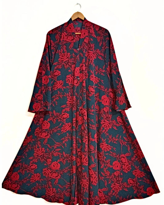 Black Rose Front Open Long Flair Abaya
