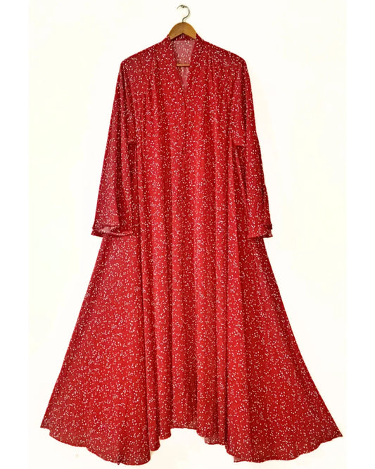 Red Blossom Front Open Long Flair Abaya