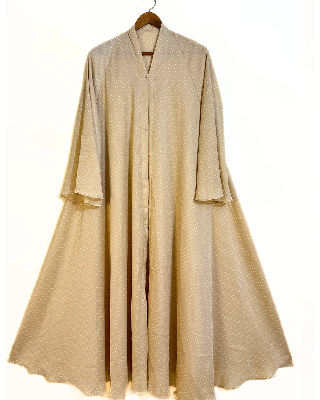 Ivory Dots Front Open Long Flair Crinkle Abaya