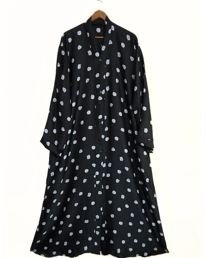 Front Open Crinkle Silk Abaya With Polka Dot Print