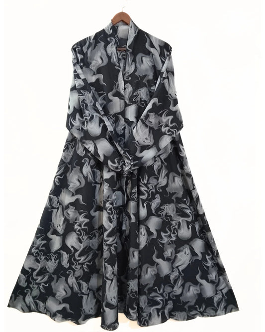 Shadow Noir Front Open Long Flared Abaya