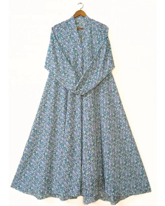 Blue Petal Front Open Long Flaired Abaya.
