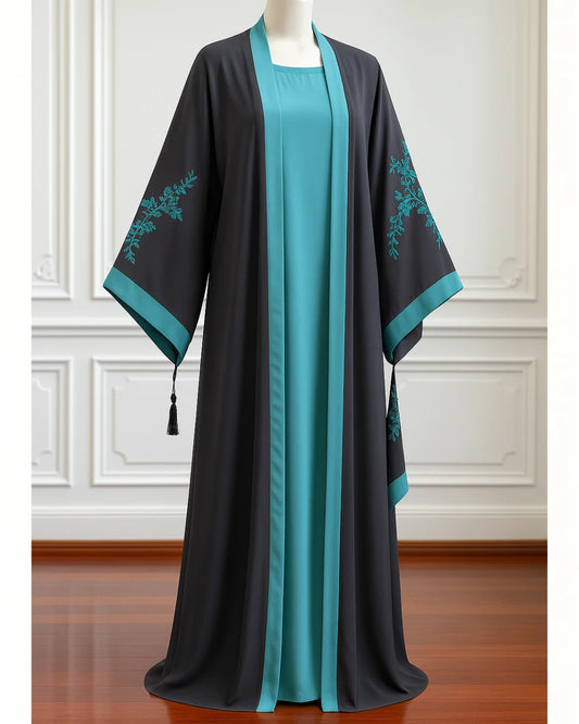 Embroidered Gown Abaya With Attached Inner-Blue