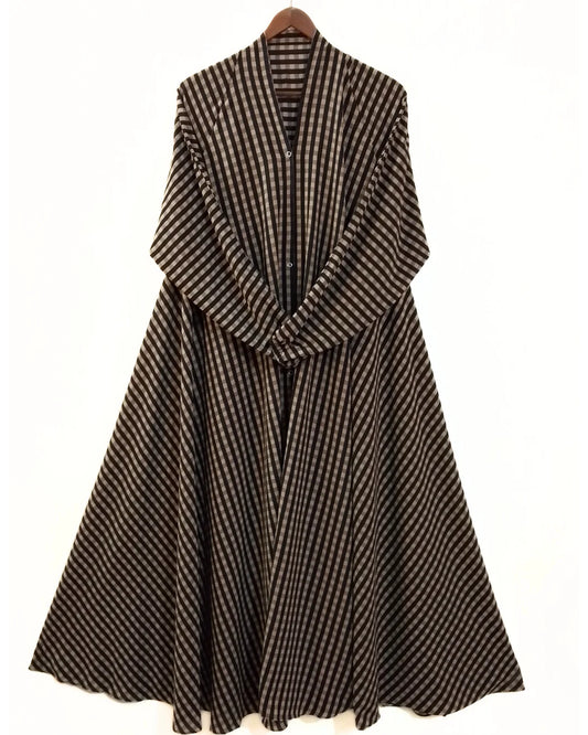 Brown Check Pattern Front Open Long Flair Abaya
