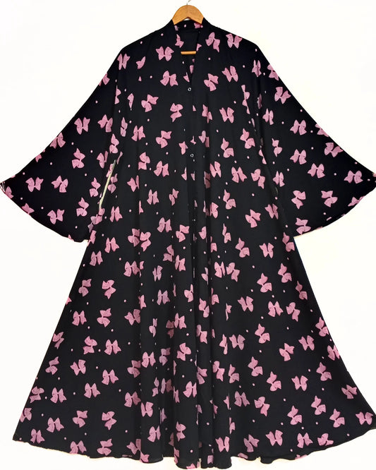 Printed Bow Front Open Long Flair Abaya