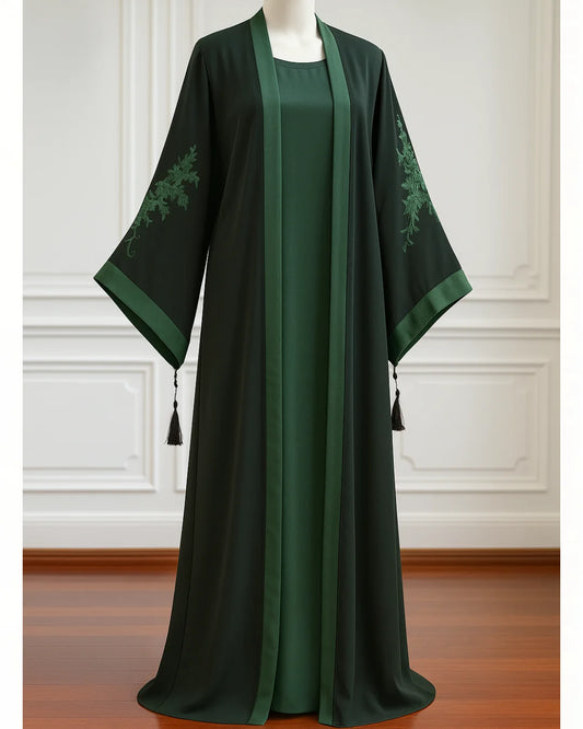 Embroidered Gown Abaya With Attached Inner-Bottle Green
