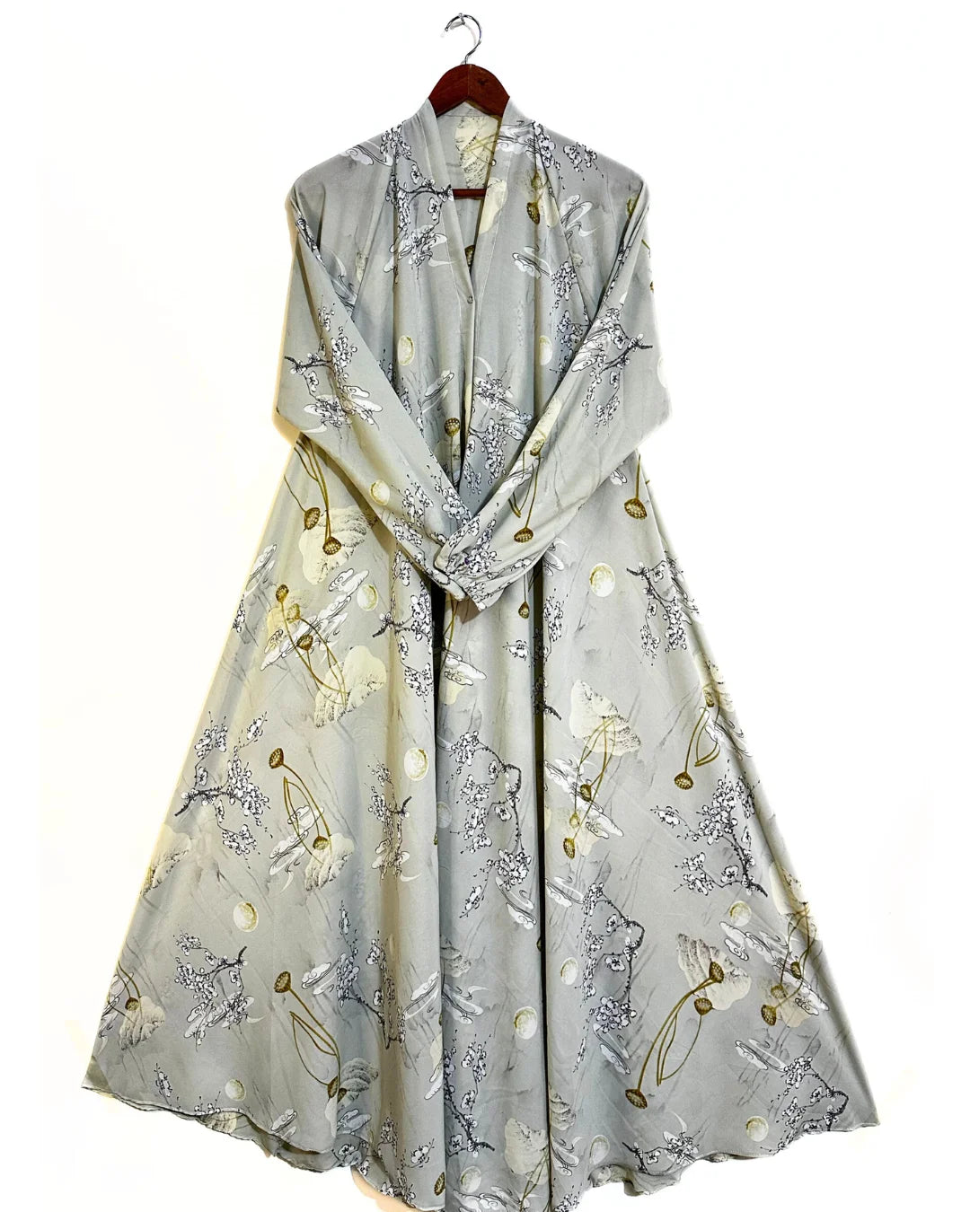Silver Bloom Front Open Long Flare Abaya