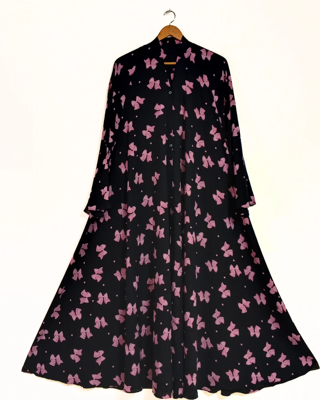 Printed Bow Front Open Long Flair Abaya