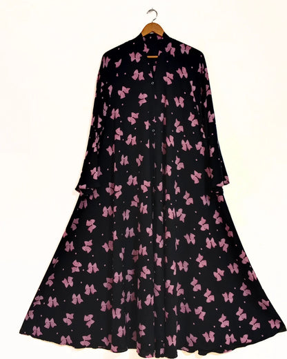 Printed Bow Front Open Long Flair Abaya