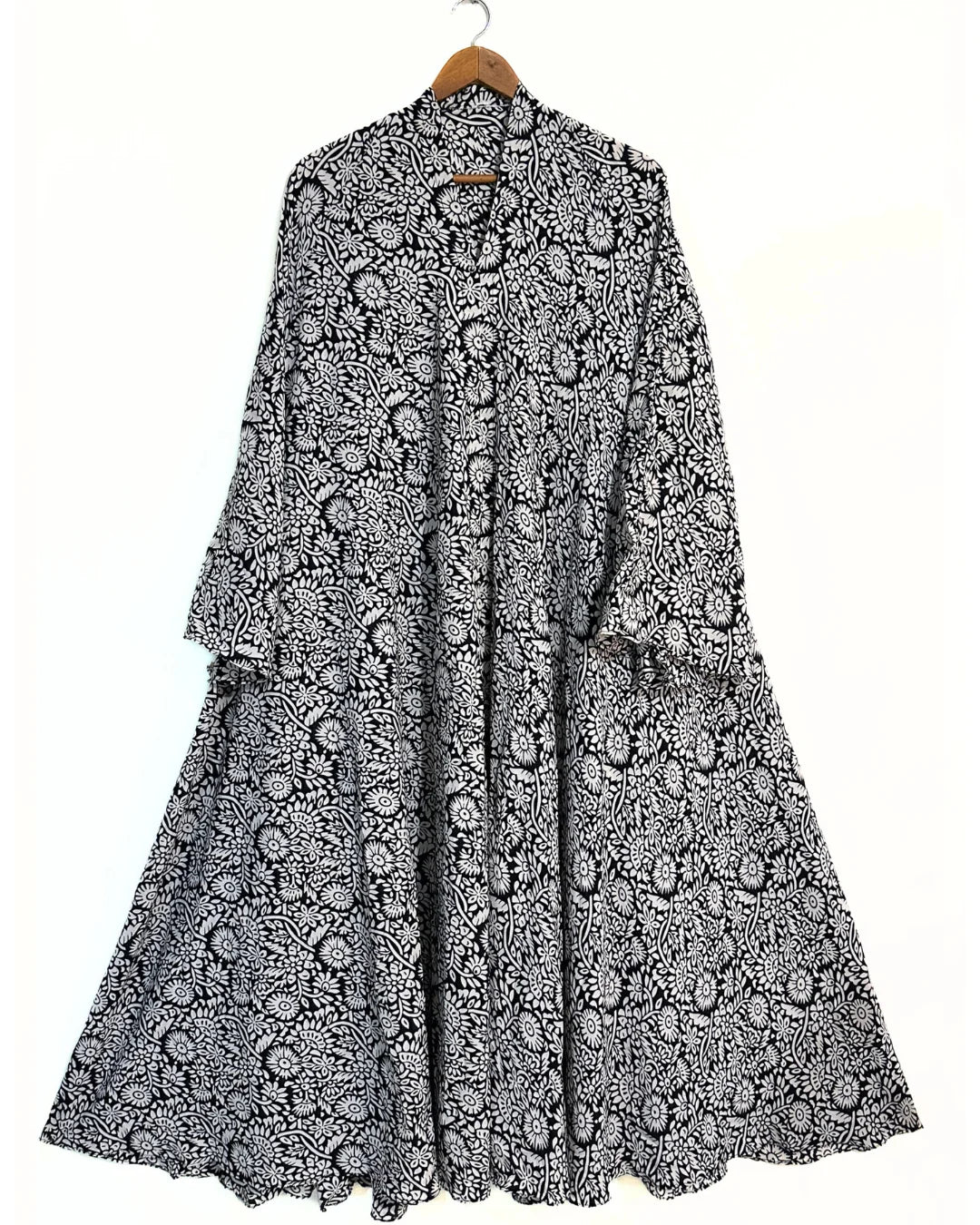 Noir Blossom Front Open Long Flair Abaya