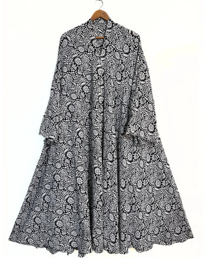 Noir Blossom Front Open Long Flair Abaya