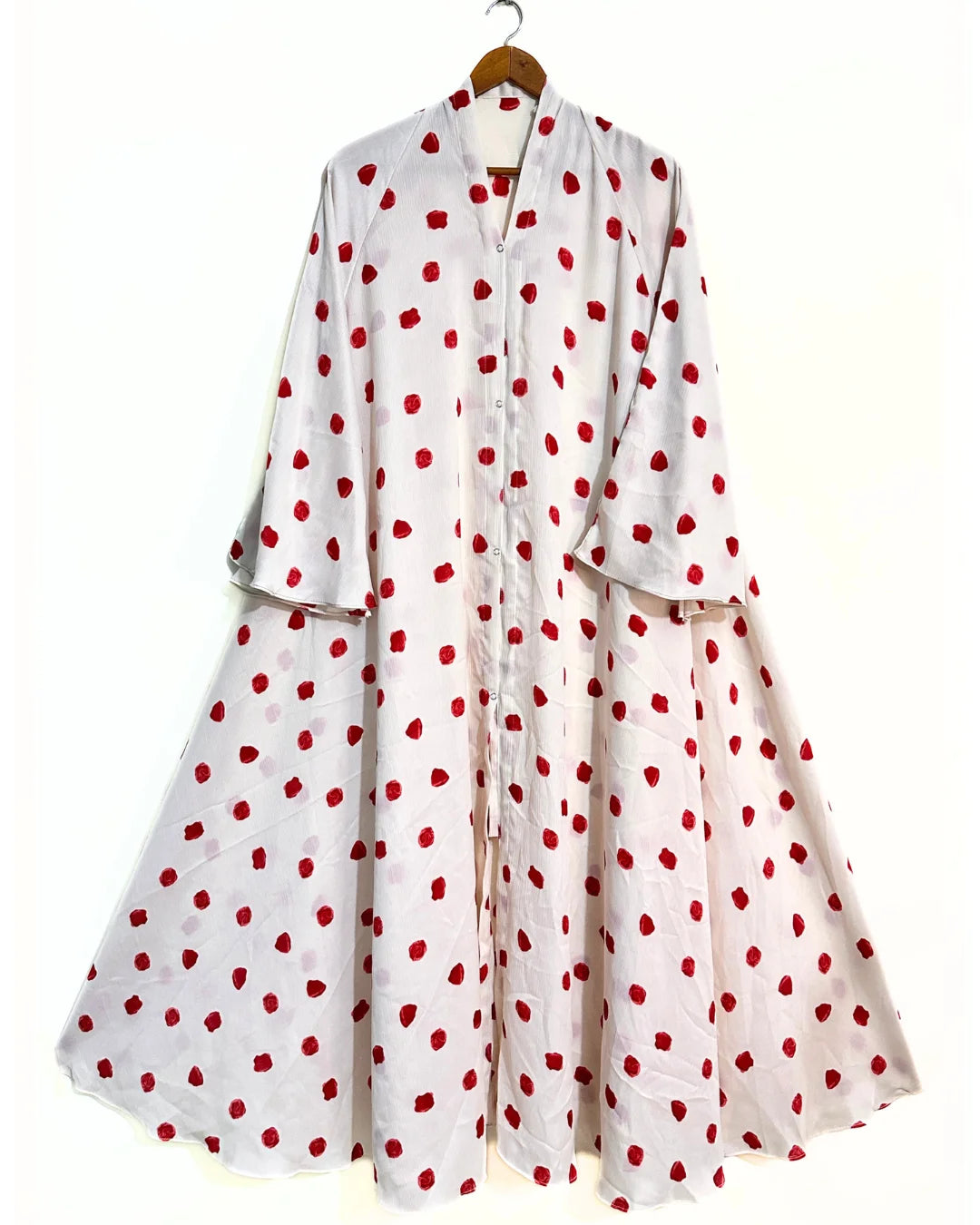 Cherry Dot Front Open Long Flair Crinkle Abaya