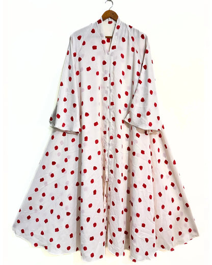 Cherry Dot Front Open Long Flair Crinkle Abaya