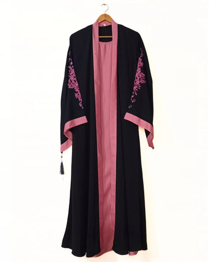 Embroidered Gown Abaya With Attached Inner-Pink