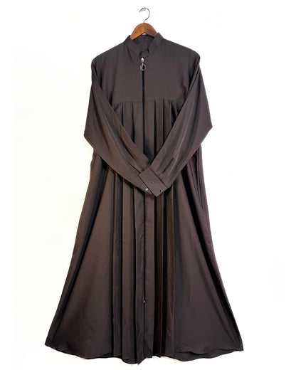 Brown Nidha Abaya With Collar, Zipper And Pockets