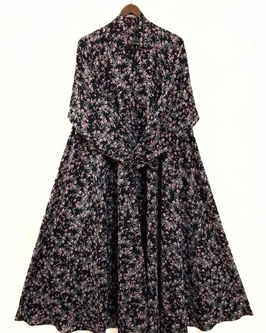 Black Flower Print Front Open Long Flair Abaya
