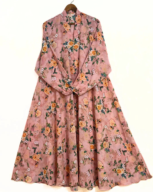 Peach Blossom Front Open Long Flair Abaya