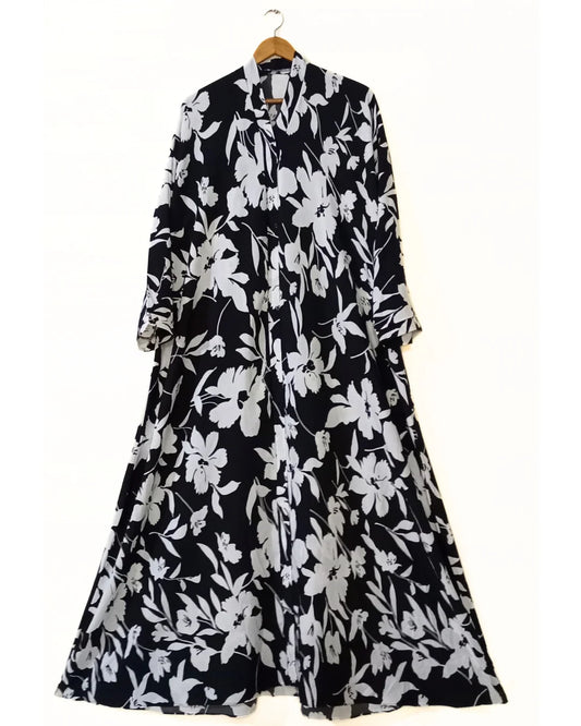 Black Floral Front Open Abaya