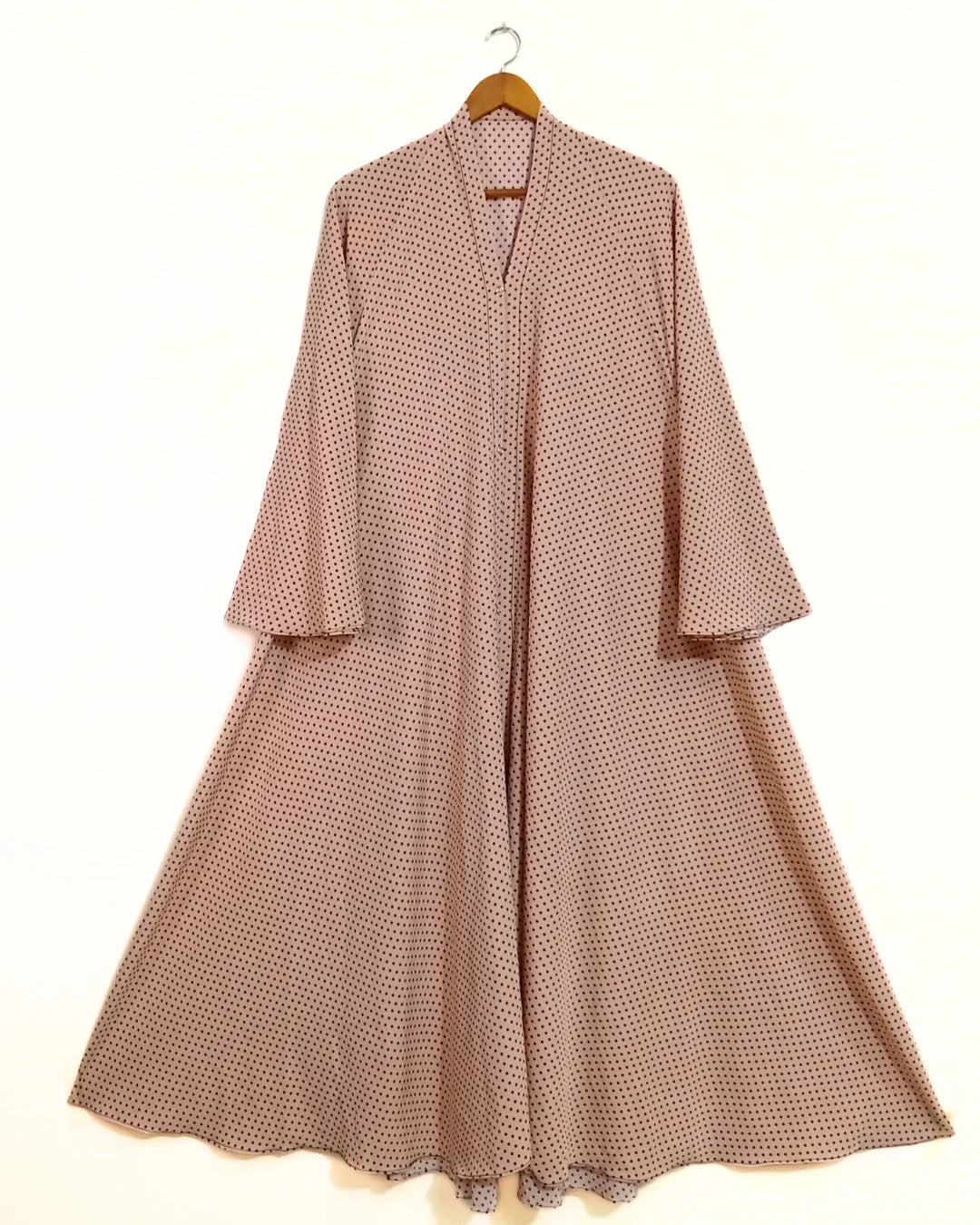 Peachy Pink Polka Dot Front Open Long Flair Abaya