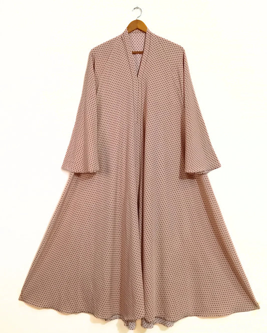 Peachy Pink Polka Dot Front Open Long Flair Abaya