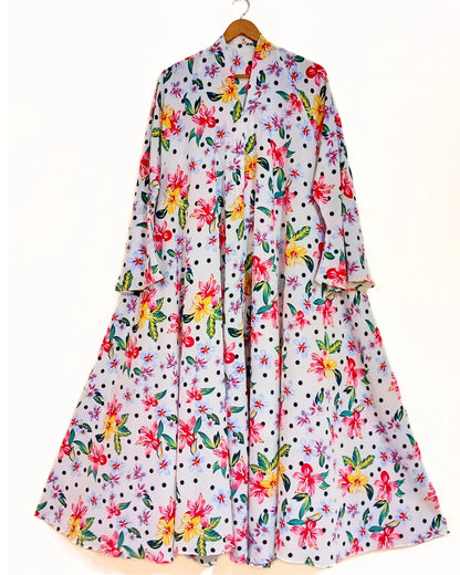 Tropical Polka Front Open Long Flair Abaya