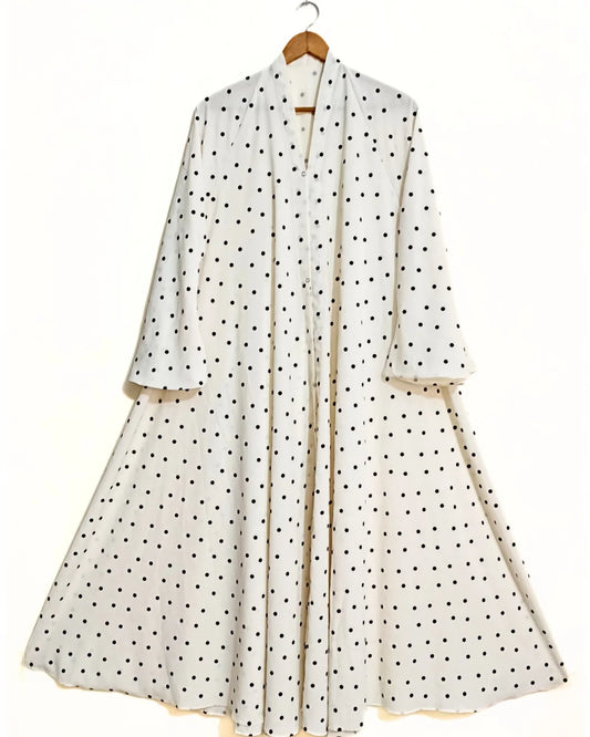 White Polka Dot Front Open Long Flair Abaya
