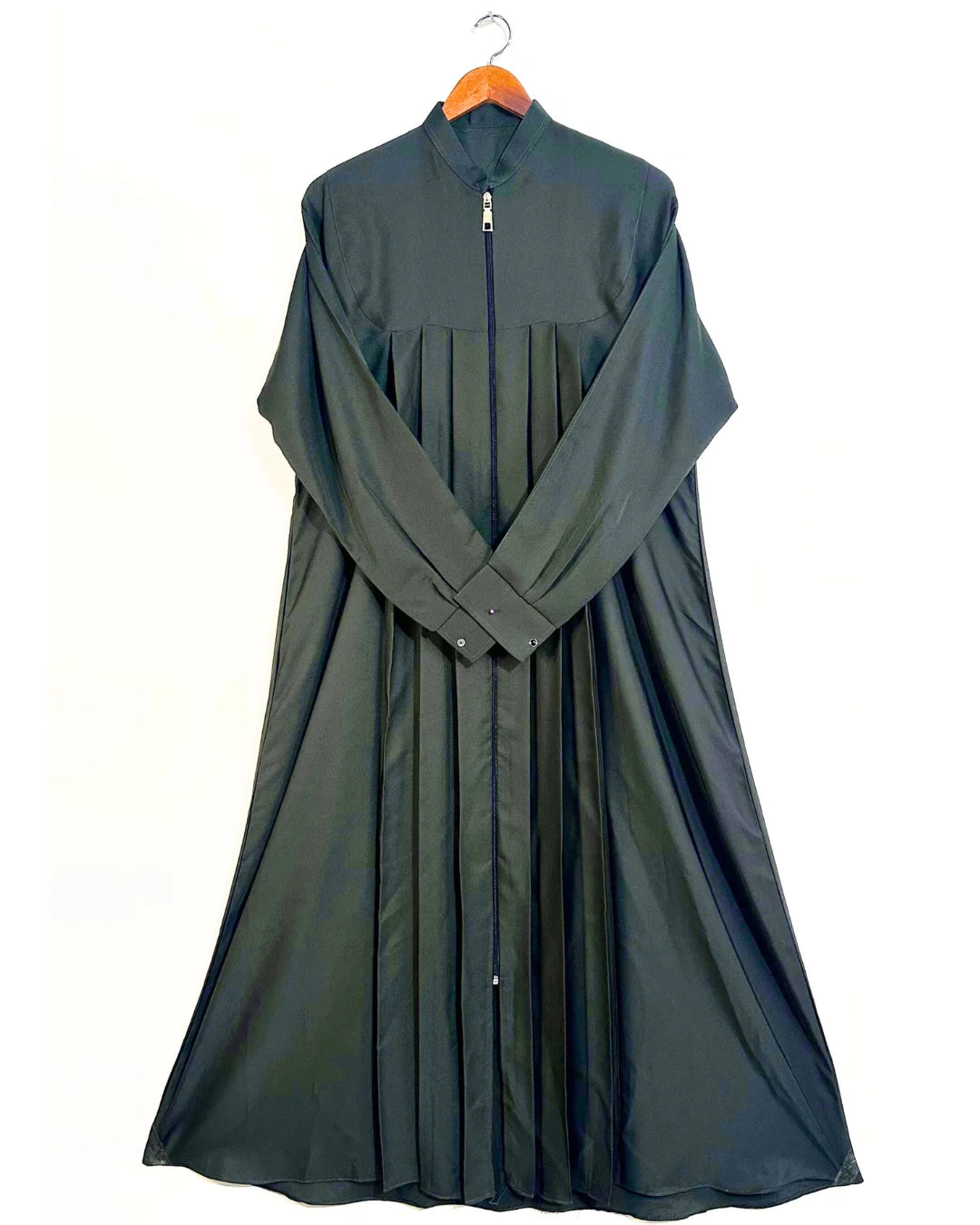 Green Nidha Abaya With Collar, Zipper And Pockets