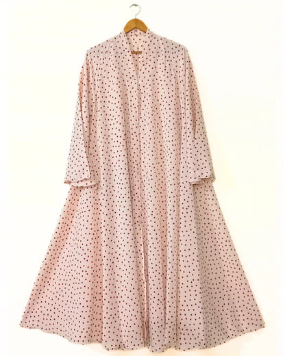 Cream Polka Dot Front Open Long Flair Abaya