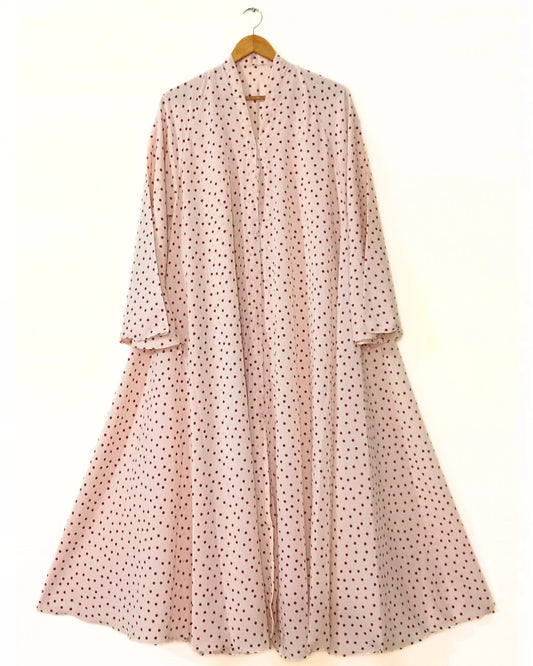 Cream Polka Dot Front Open Long Flair Abaya